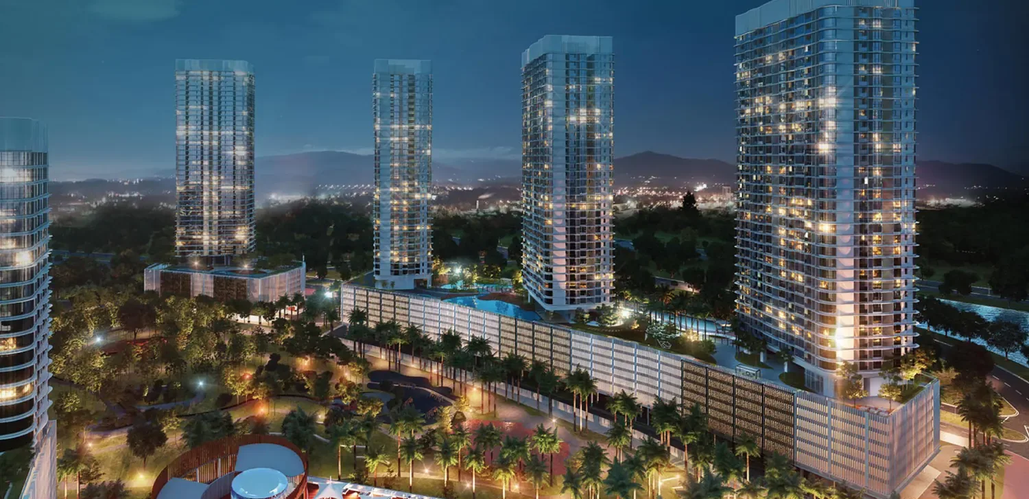 Macrolink Medini three towers at night above the central park, Iskandar Puteri