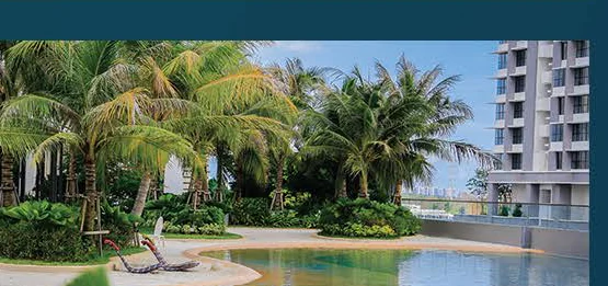 Macrolink Medini beach pool with sand deck and palms