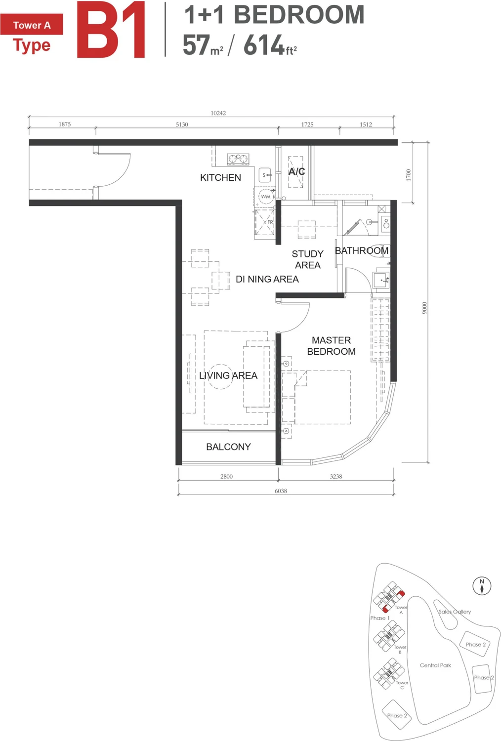 Type B1 — 614 sqft