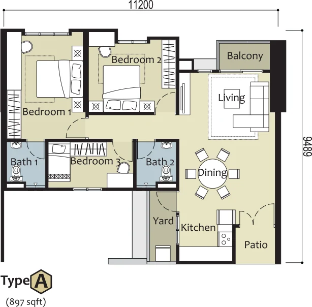Type A — 897 sqft