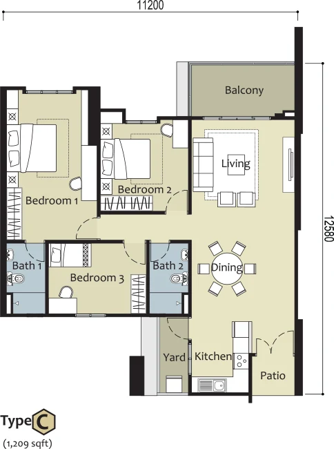 Type C — 1,209 sqft