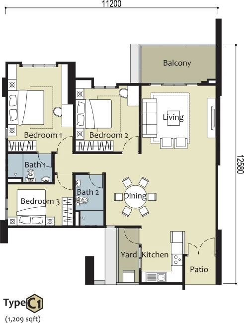 Type C1 — 1,209 sqft