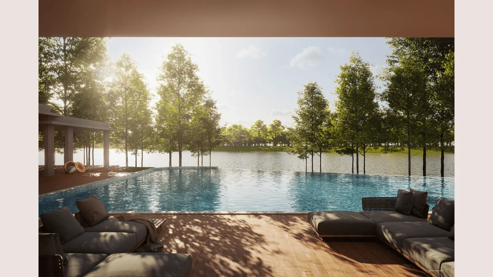 Myra Cove pool deck with lake view