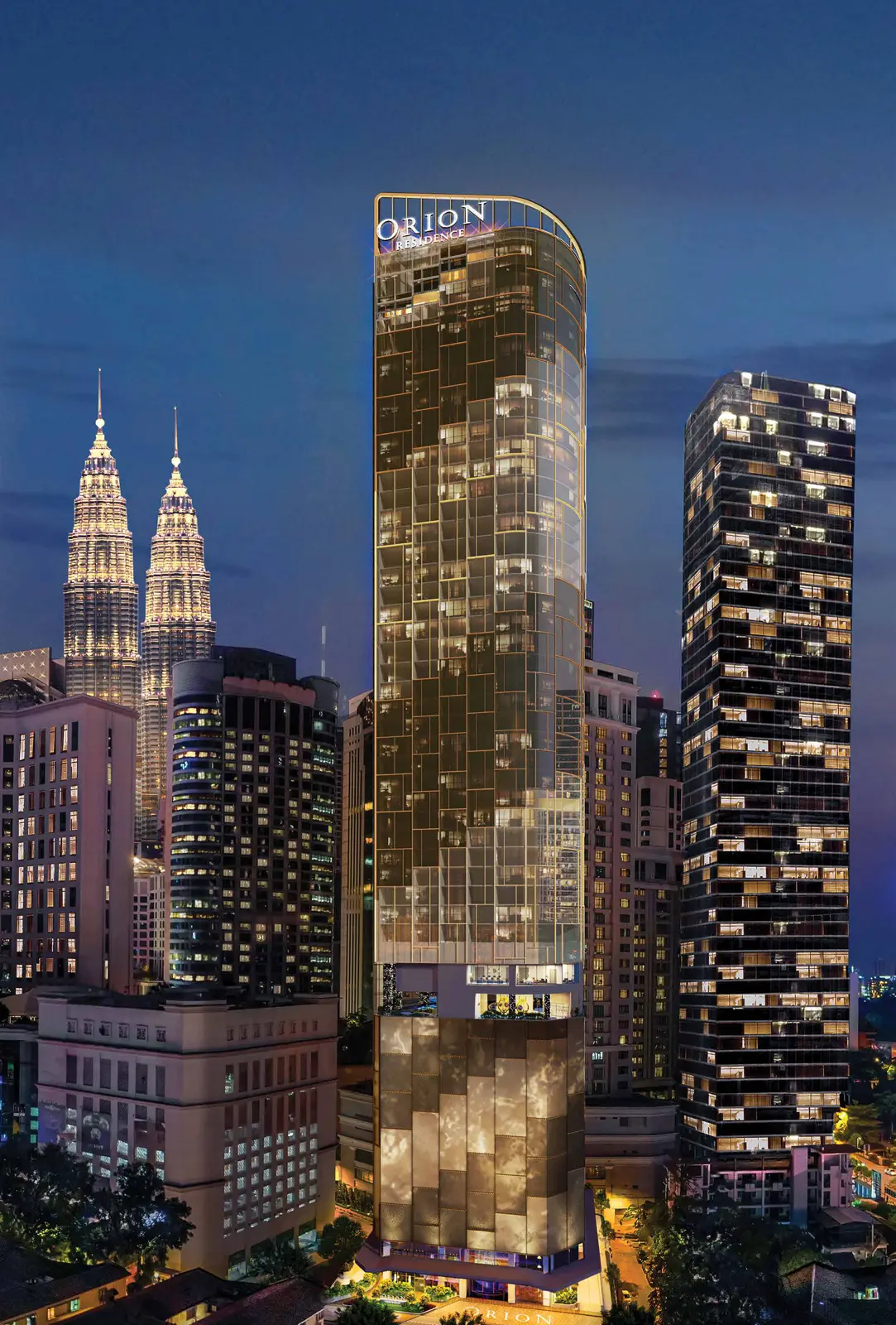 Orion Residence tower exterior at dusk