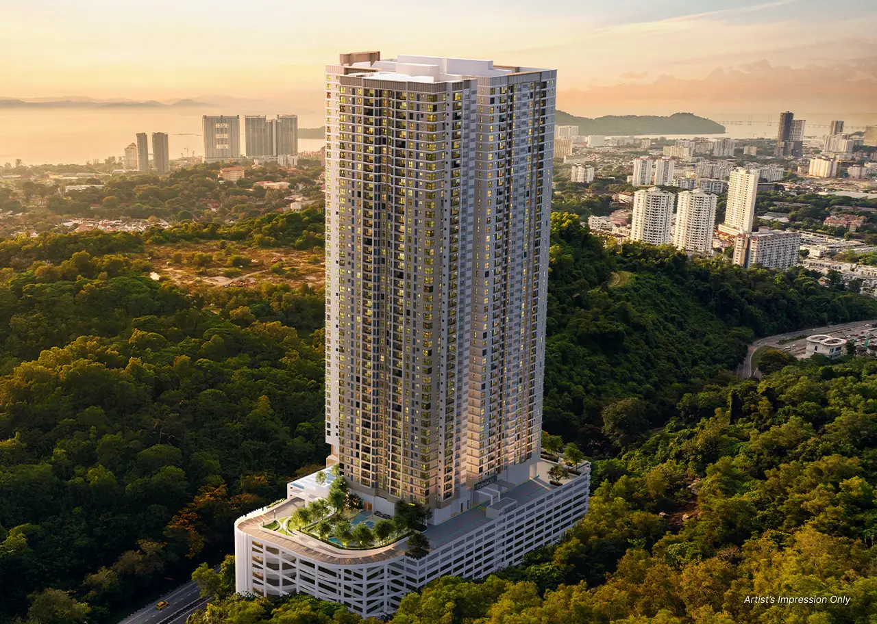Pinnacle Bukit Gambier tower against the Gelugor hillside