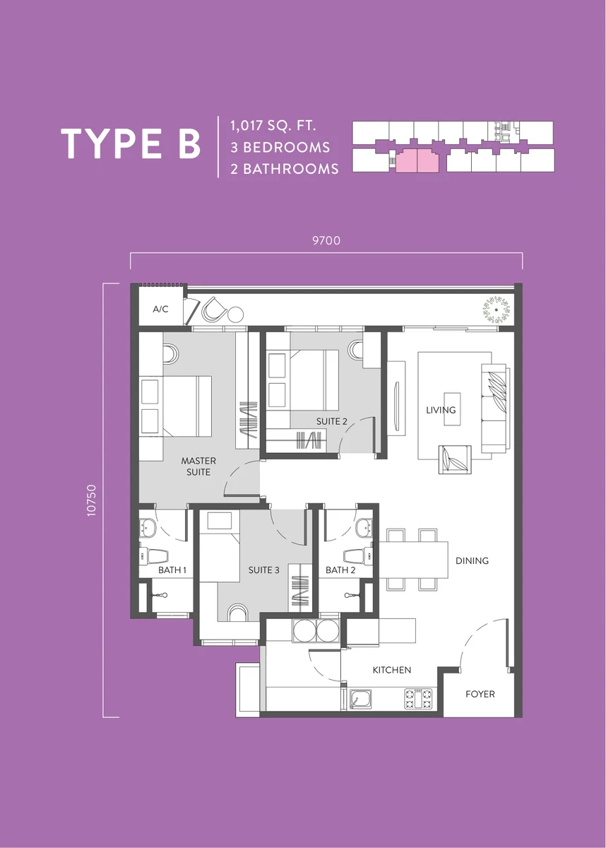 Type B — 1,017 sqft