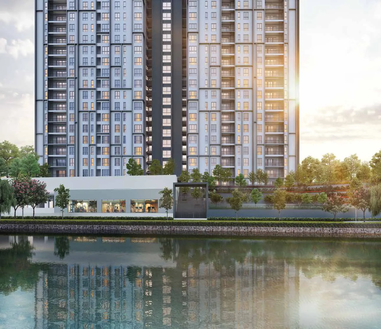 Sanderling Cyberjaya towers by the lake at dusk
