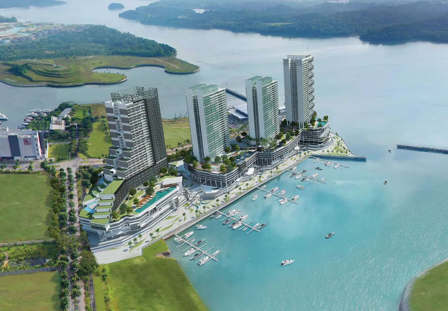 Southern Marina Residences aerial view over Puteri Harbour marina, Iskandar Puteri