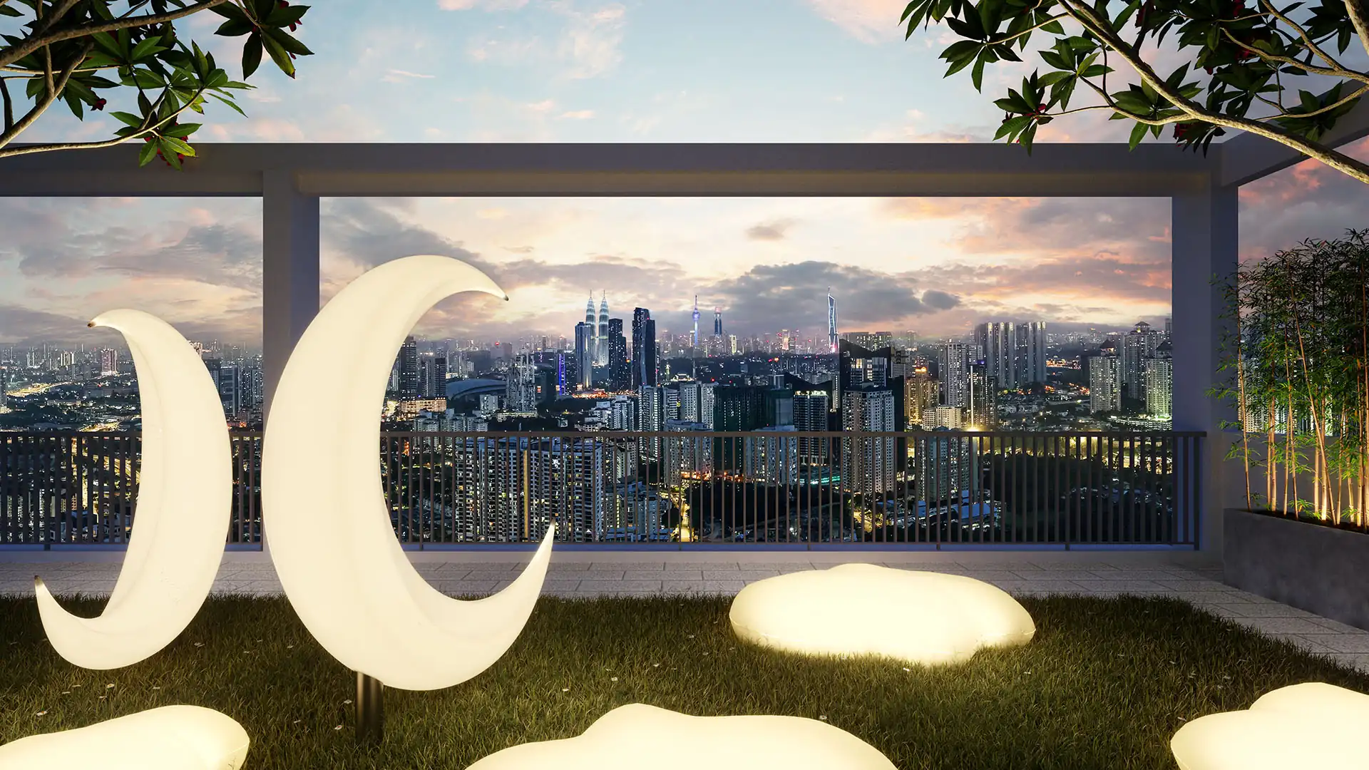 Tangen Residences luminous moonlight terrace with KLCC view