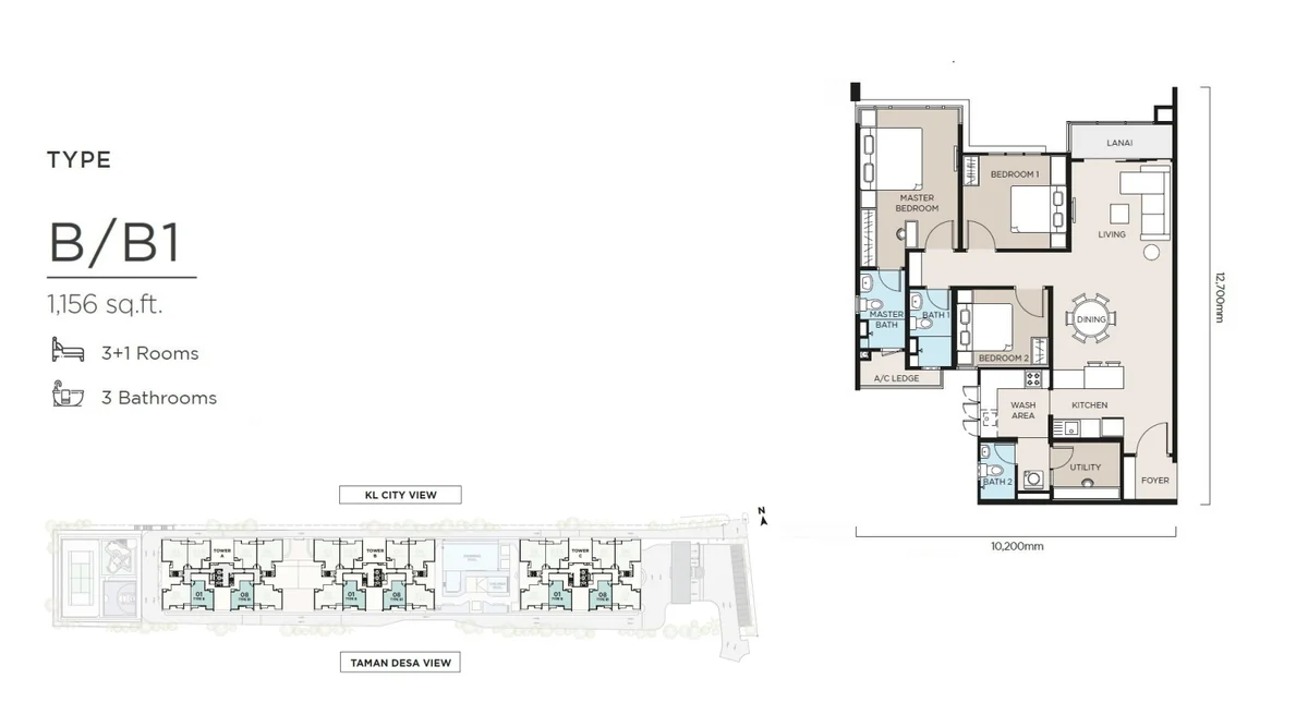 Type B/B1 — 1,156 sqft
