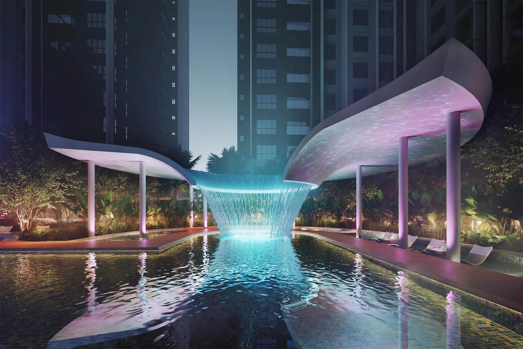 Trinity Rainfora Rainforest Canopy water feature and jacuzzi on the facilities podium