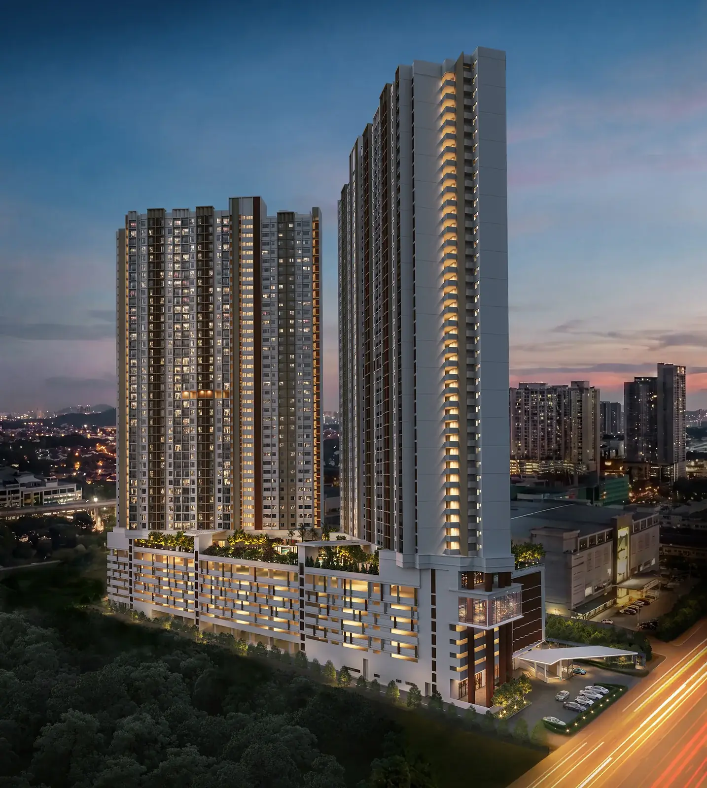 SCP Westfield Residences twin tower facade at dusk
