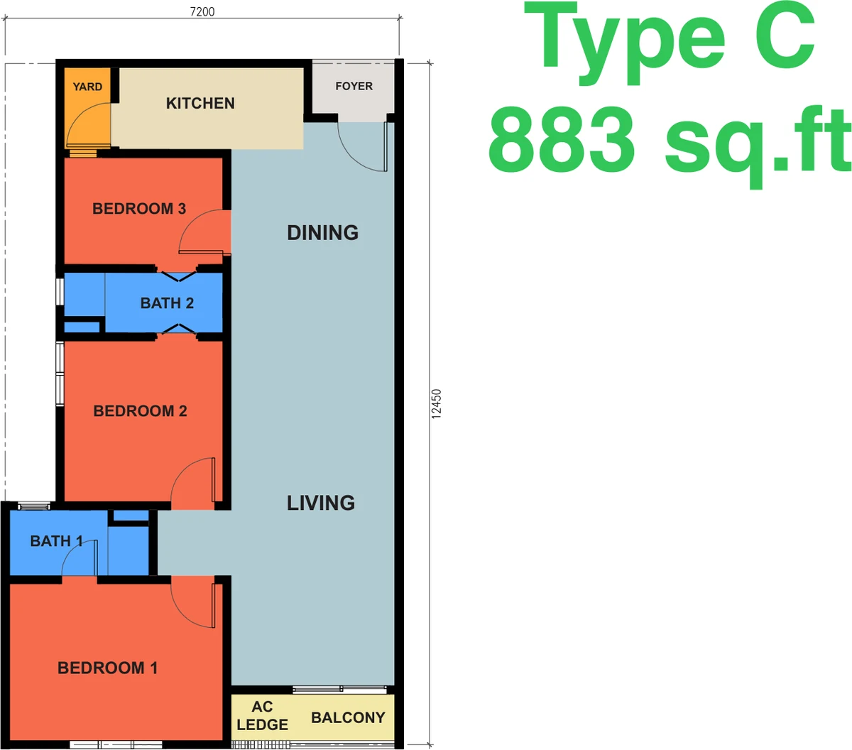 Type C — 883 sqft