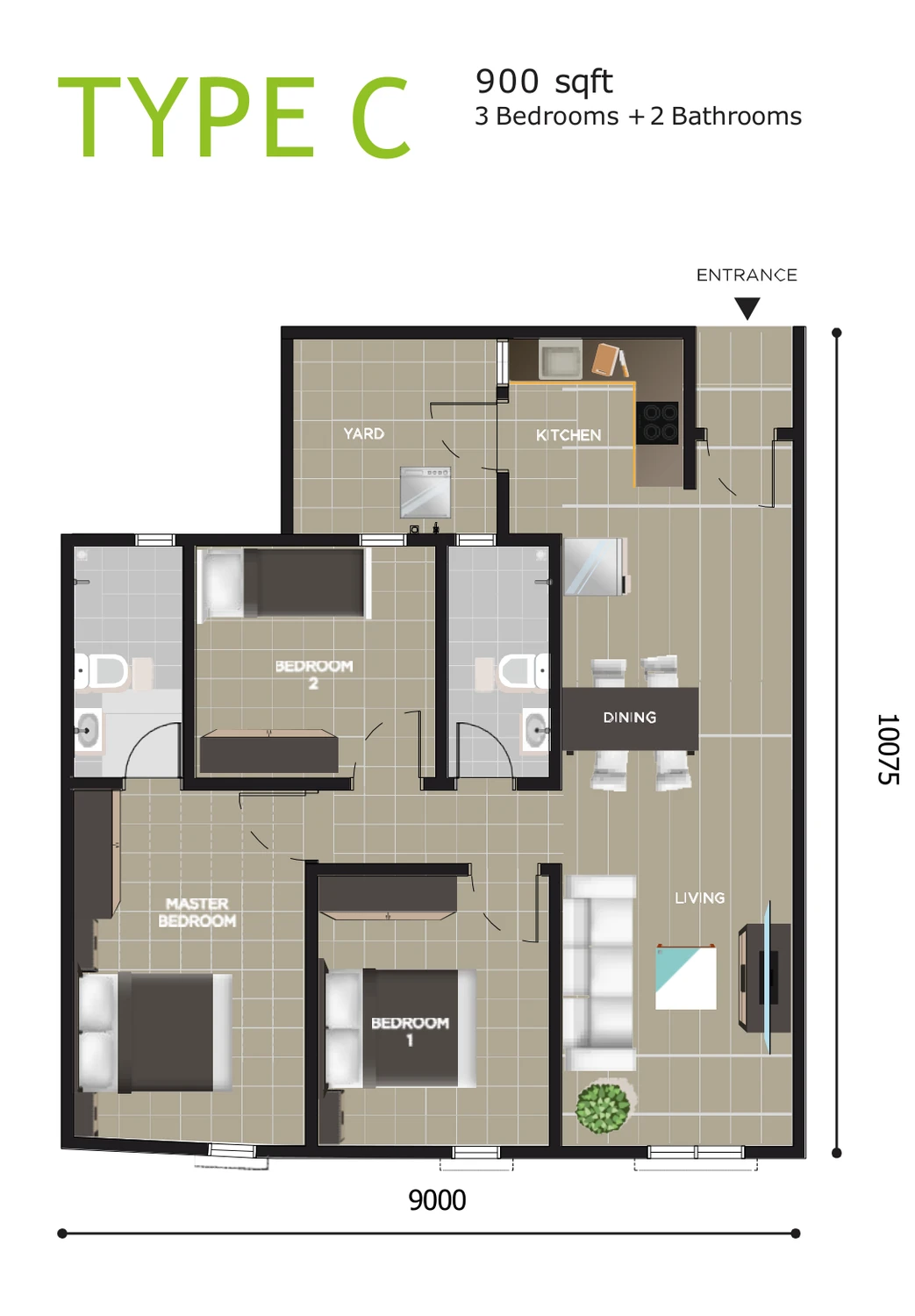 Type C — 900 sqft