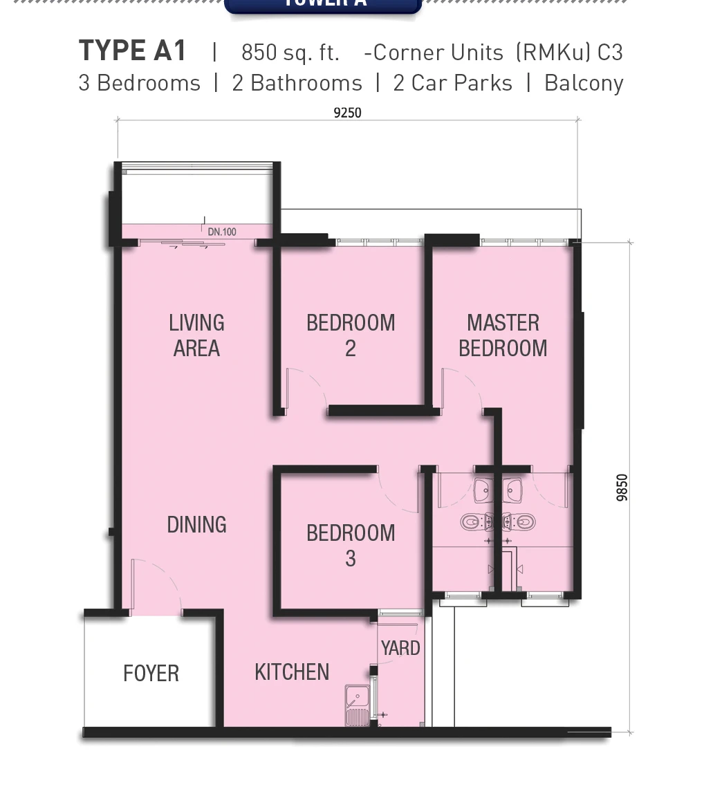 Type A1 — 850 sqft