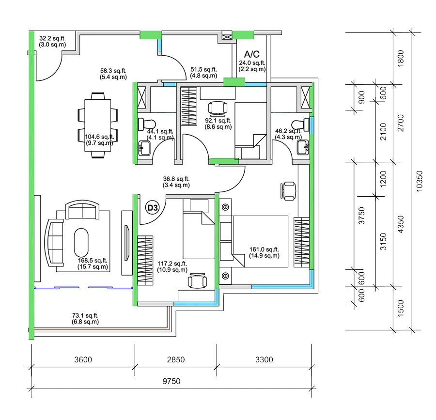 Type B — 1,009 sqft