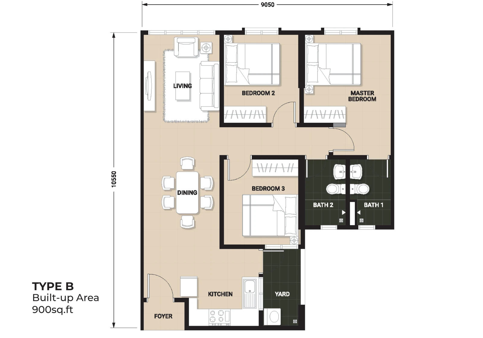 Type B — 900 sqft