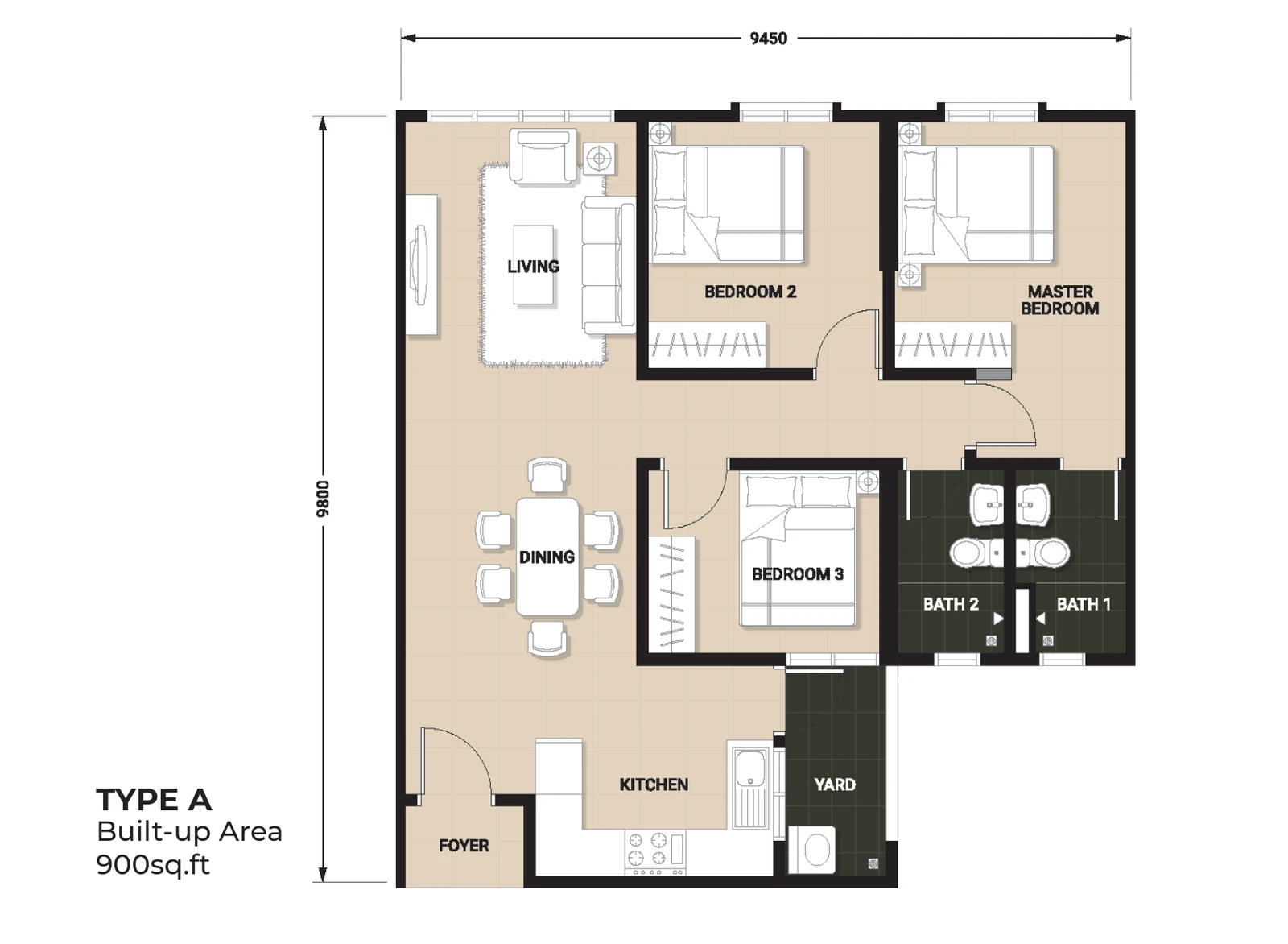 Type A — 900 sqft