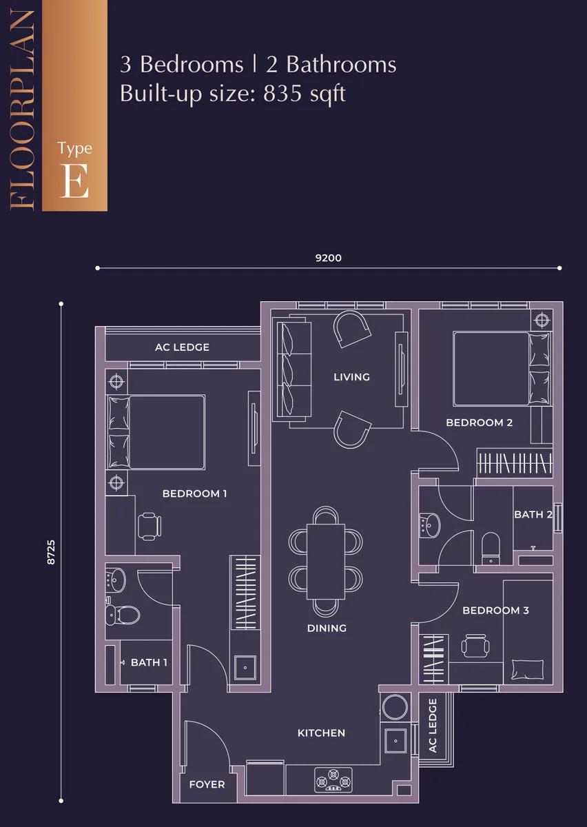 Type E — 835 sqft