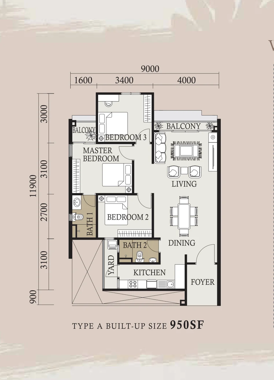 Type A and A1 — 950 sqft
