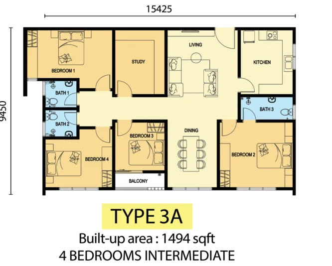Type 3A — 1,494 sqft