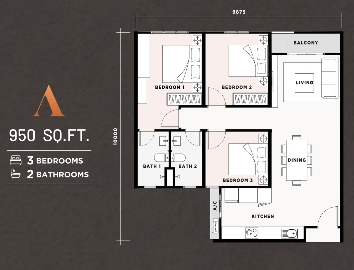 Type A — 950 sqft