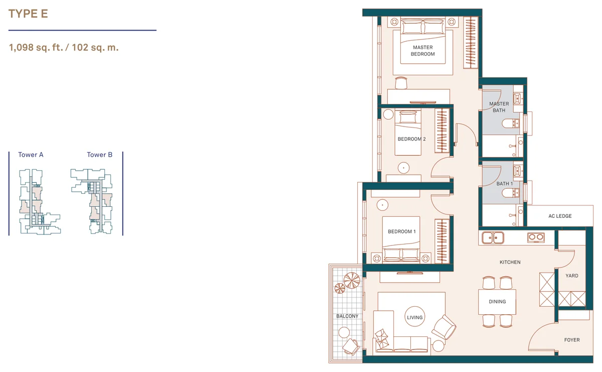Type E — 1,098 sqft