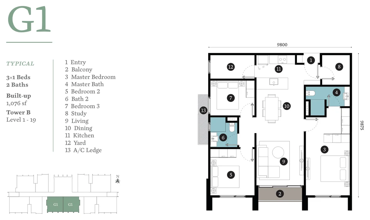 Type G1 — 1,076 sqft
